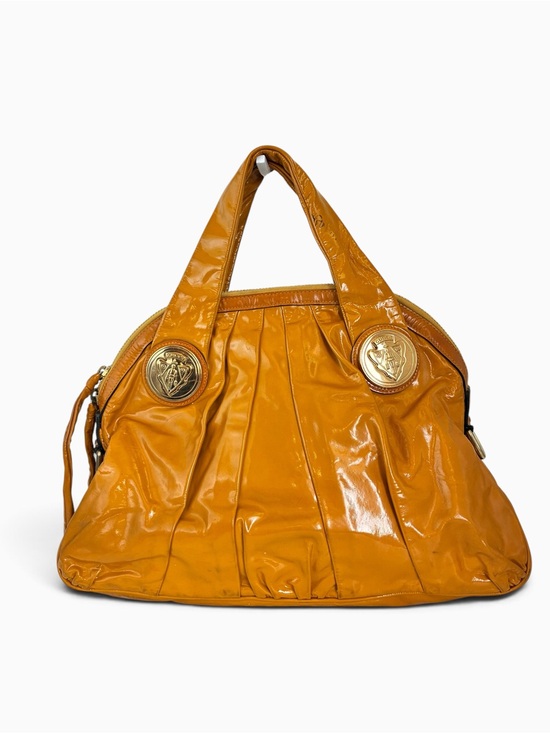 Gucci Handbags - Gucci Hysteria Patent Leather Large Tote Bag Mustard Yellow Gold Crest